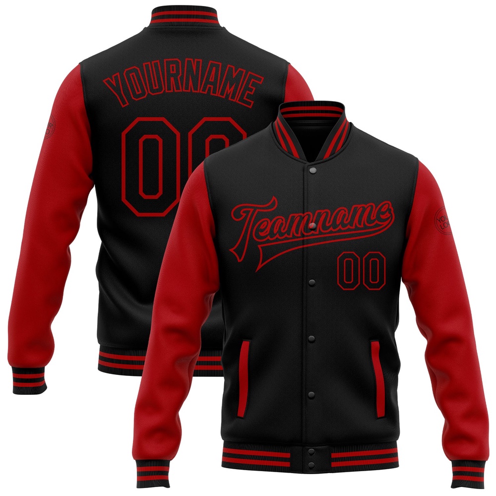 Custom Black Red Bomber Full Snap Varsity Baseball Jacket, Custom Team Jacket