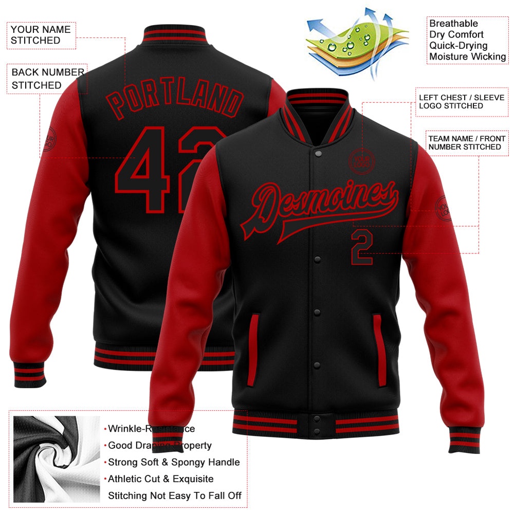 Custom Black Red Bomber Full Snap Varsity Baseball Jacket, Custom Team Jacket