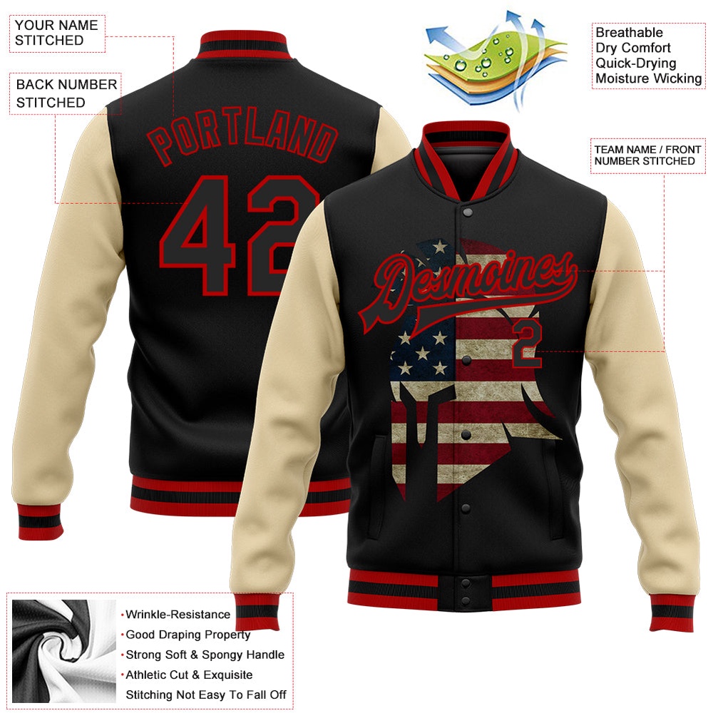 Custom Black Red City Cream Spartan Logo With Vintage USA Flag 3D Pattern Design Bomber Full Snap Varsity Baseball Jacket, Custom Team Jacket