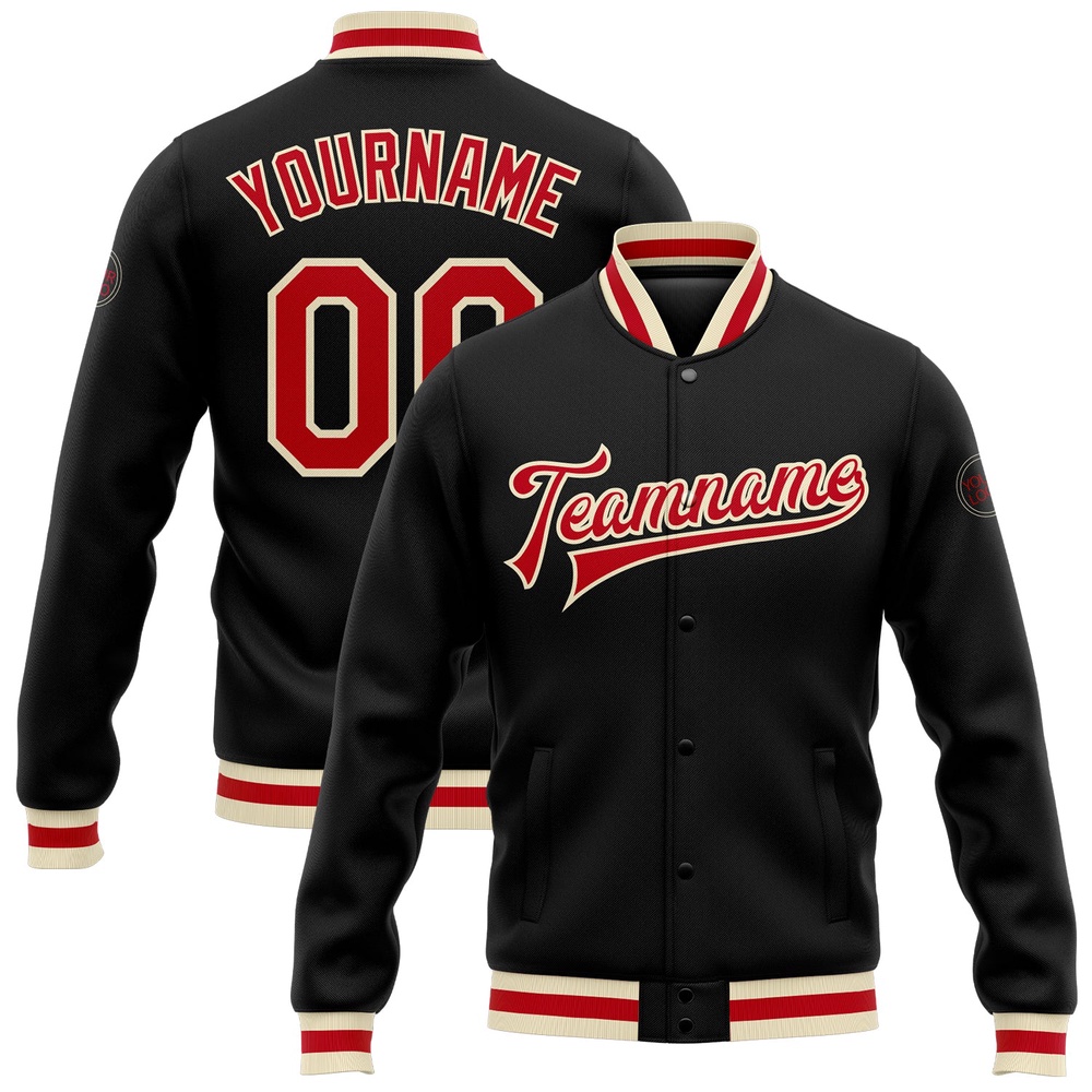 Custom Black Red Cream Bomber Full Snap Baseball Jacket, Custom Team Jacket