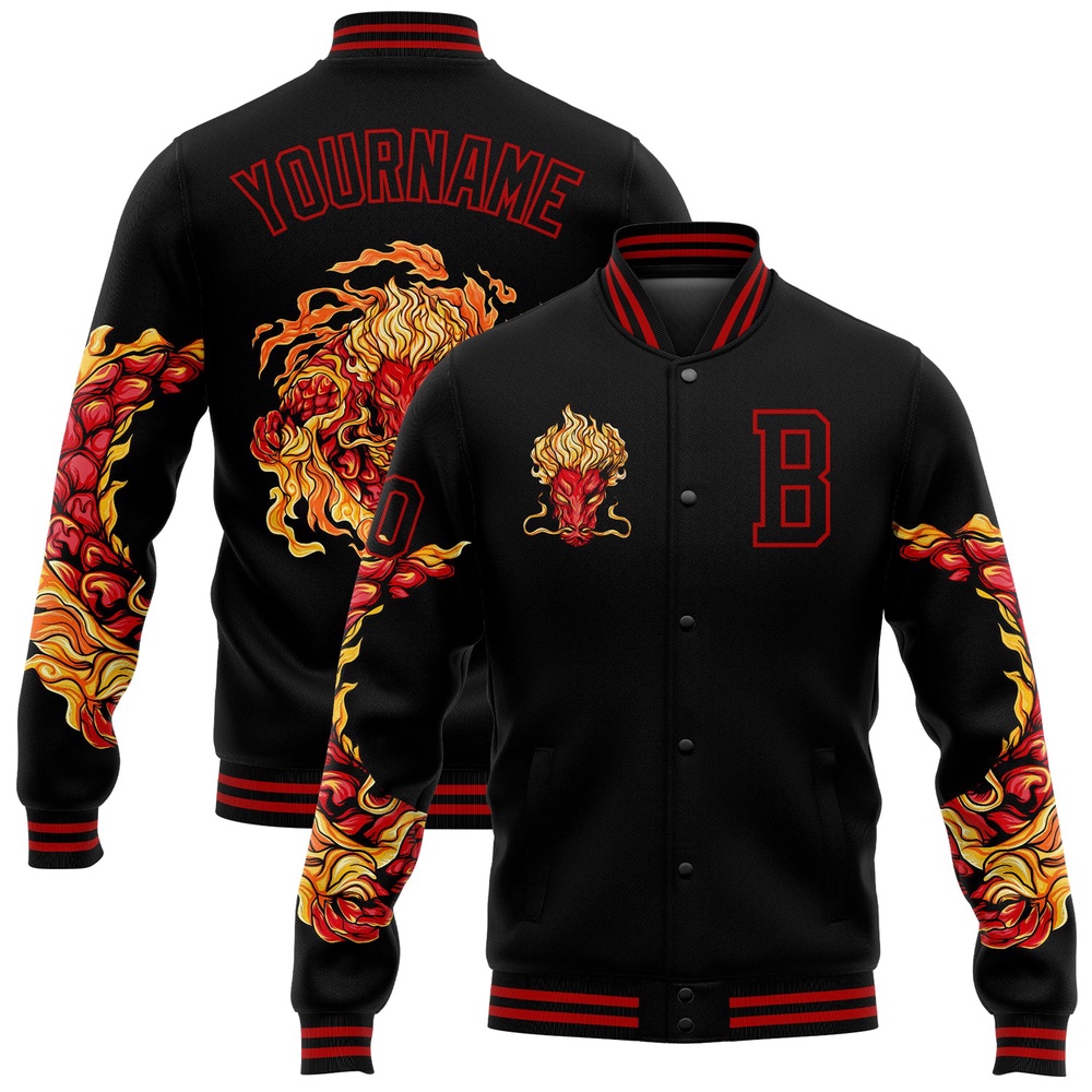 Custom Black Red Dragon 3D Pattern Design Bomber Full Snap Baseball Jacket, Custom Team Jacket