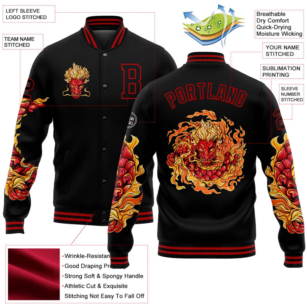 Custom Black Red Dragon 3D Pattern Design Bomber Full Snap Baseball Jacket, Custom Team Jacket