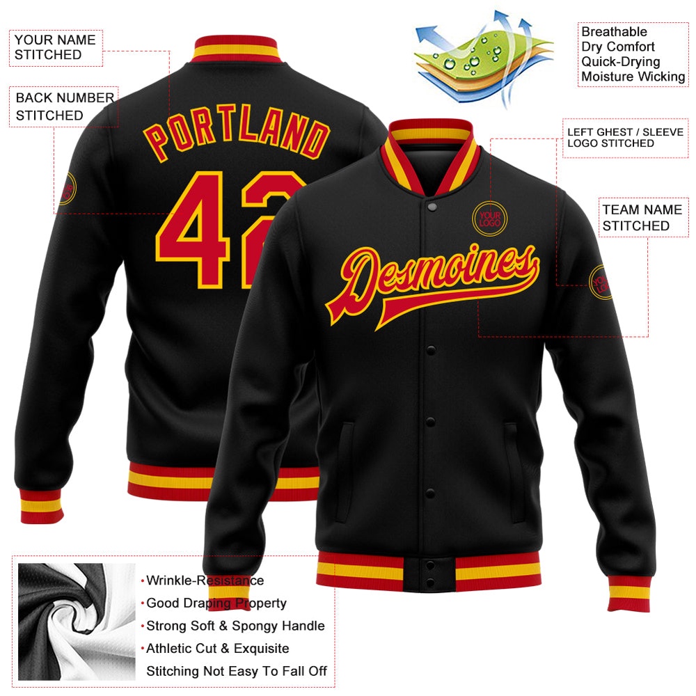 Custom Black Red Gold Bomber Full Snap Baseball Jacket, Custom Team Jacket