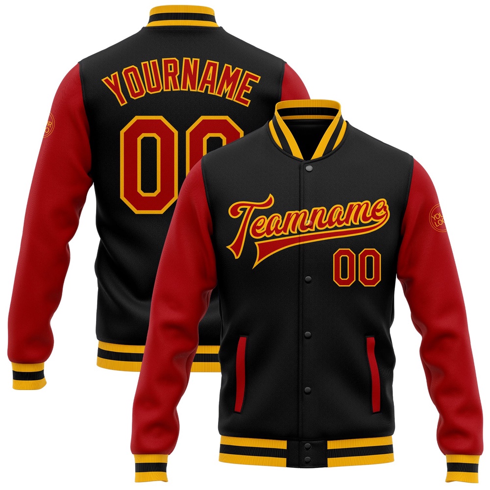 Custom Black Red Gold Bomber Full Snap Varsity Baseball Jacket, Custom Team Jacket