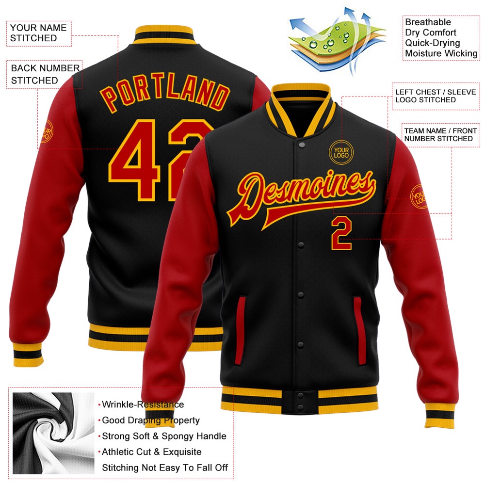 Custom Black Red Gold Bomber Full Snap Varsity Baseball Jacket, Custom Team Jacket
