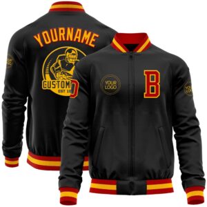 Custom Black Red Gold Bomber Varsity Baseball&hellip;