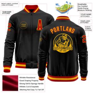 Custom Black Red Gold Bomber Varsity Baseball&hellip;