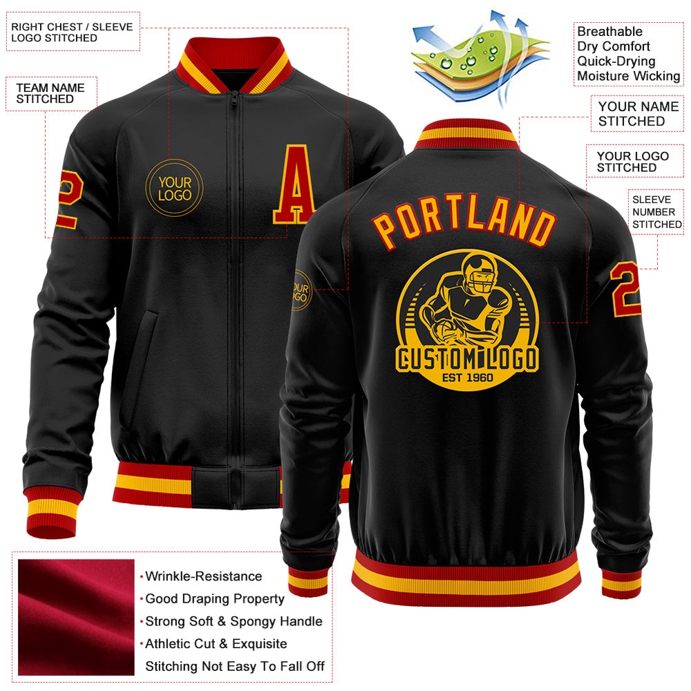 Custom Black Red Gold Bomber Varsity Baseball Jacket, Custom Team Jacket