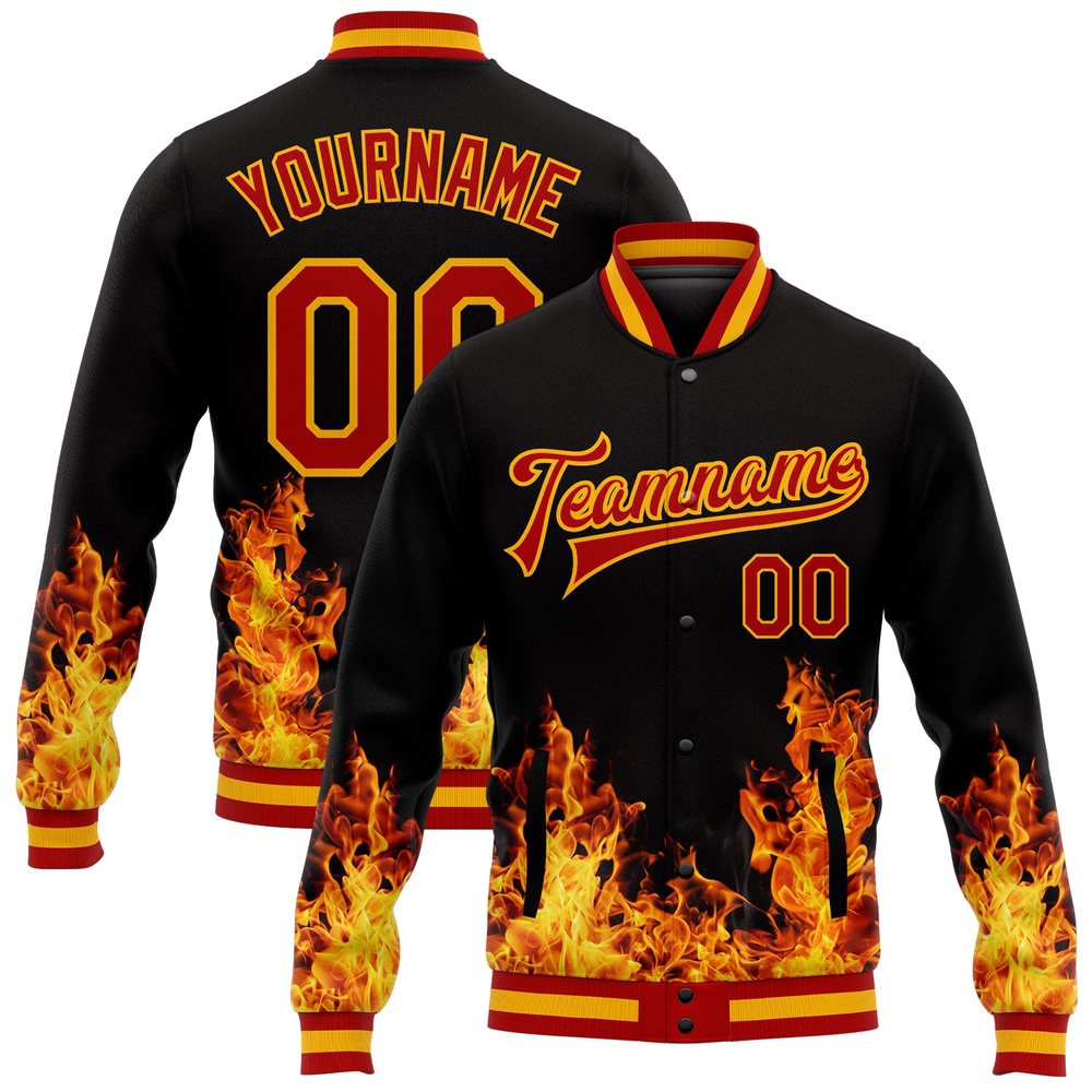 Custom Black Red Gold Flame 3D Pattern Design Bomber Full Snap Baseball Jacket, Custom Team Jacket