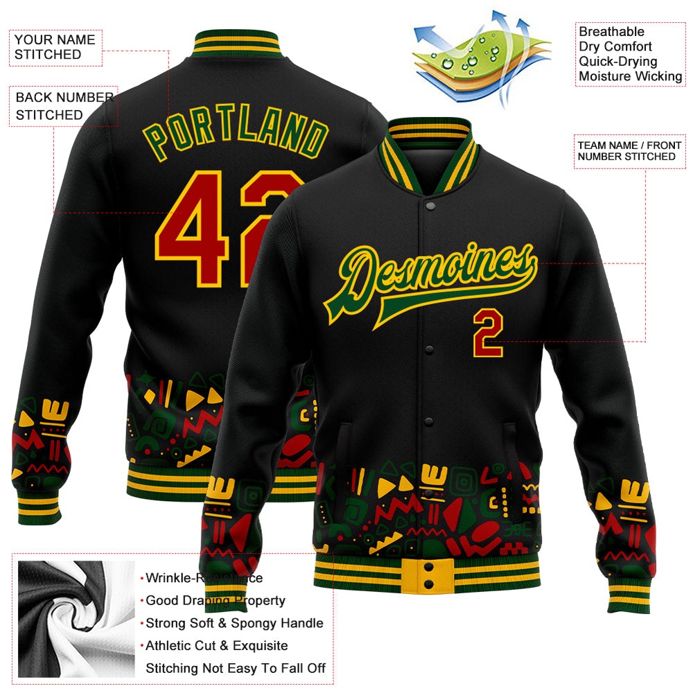 Custom Black Red Gold Green Black History Month 3D Pattern Design Bomber Full Snap Baseball Jacket, Custom Team Jacket