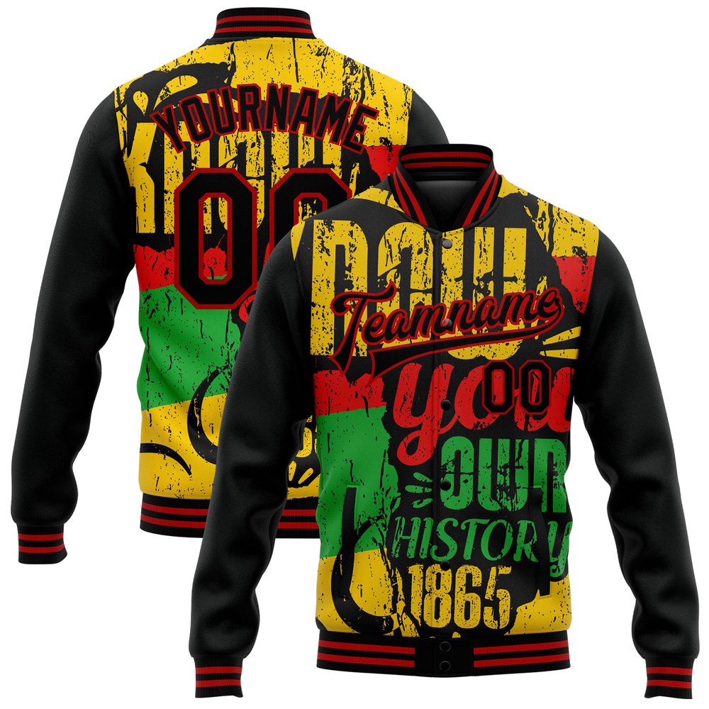 Custom Black Red Gold Kelly Green Black History Month 3D Pattern Design Bomber Full Snap Baseball Jacket, Custom Team Jacket