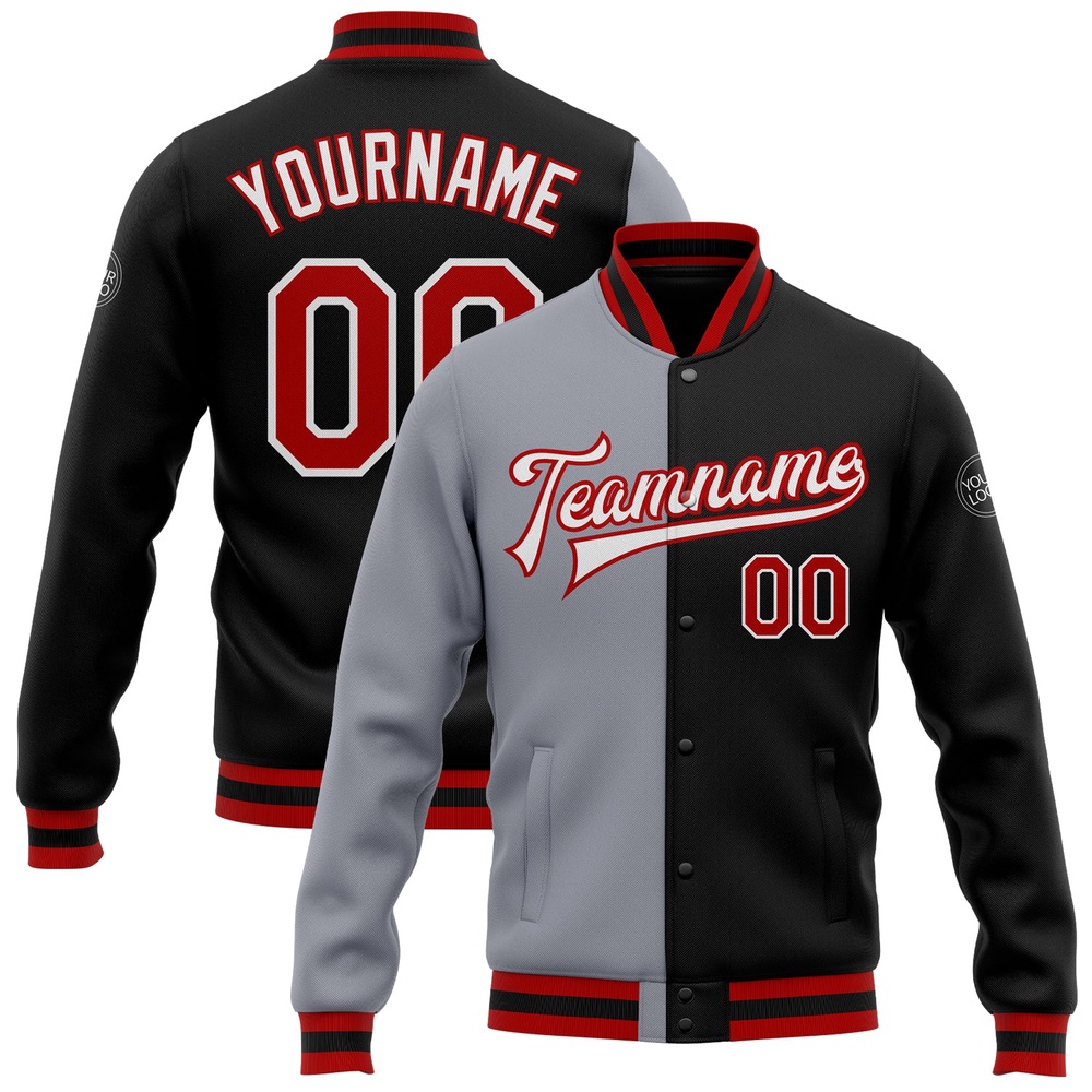 Custom Black Red Gray Bomber Full Snap Varsity Letterman Split Fashion Jacket, Custom Team Jacket