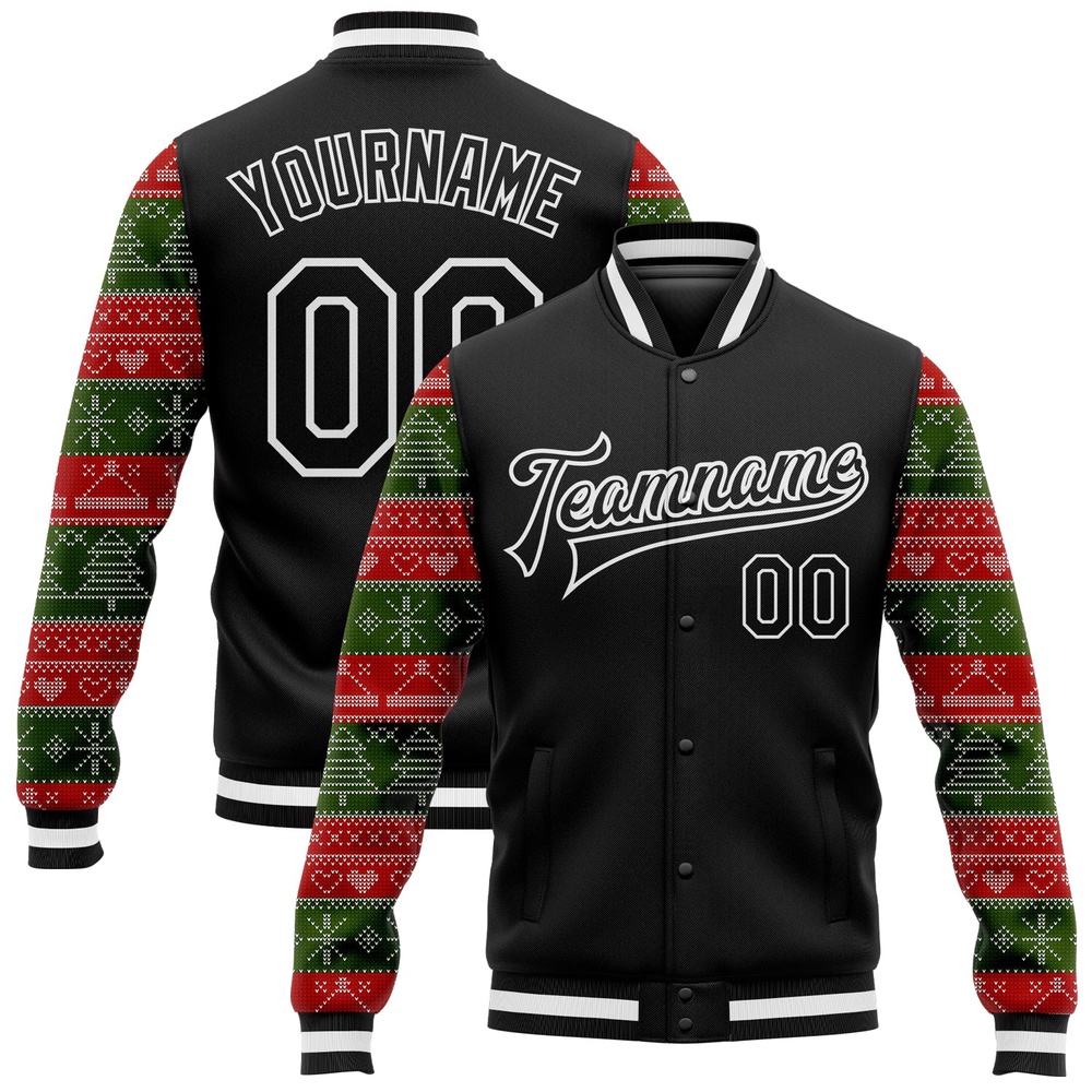 Custom Black Red Green Christmas 3D Bomber Full Snap Baseball Jacket, Custom Team Jacket