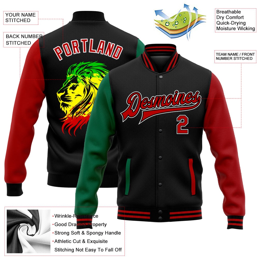 Custom Black Red Kelly Green Black History Month Lion 3D Pattern Design Bomber Full Snap Baseball Jacket, Custom Team Jacket