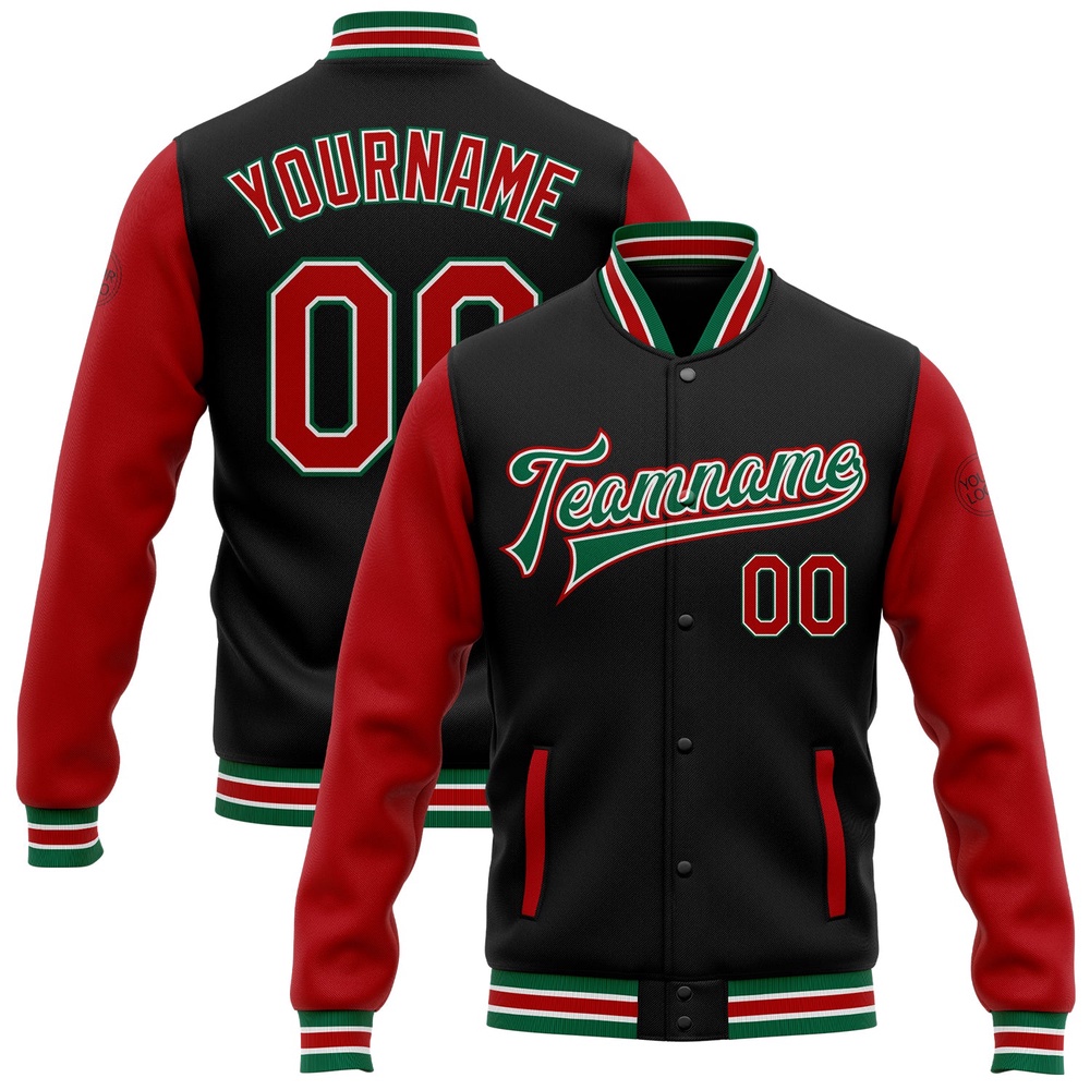Custom Black Red Kelly Green Bomber Full Snap Varsity Baseball Jacket, Custom Team Jacket