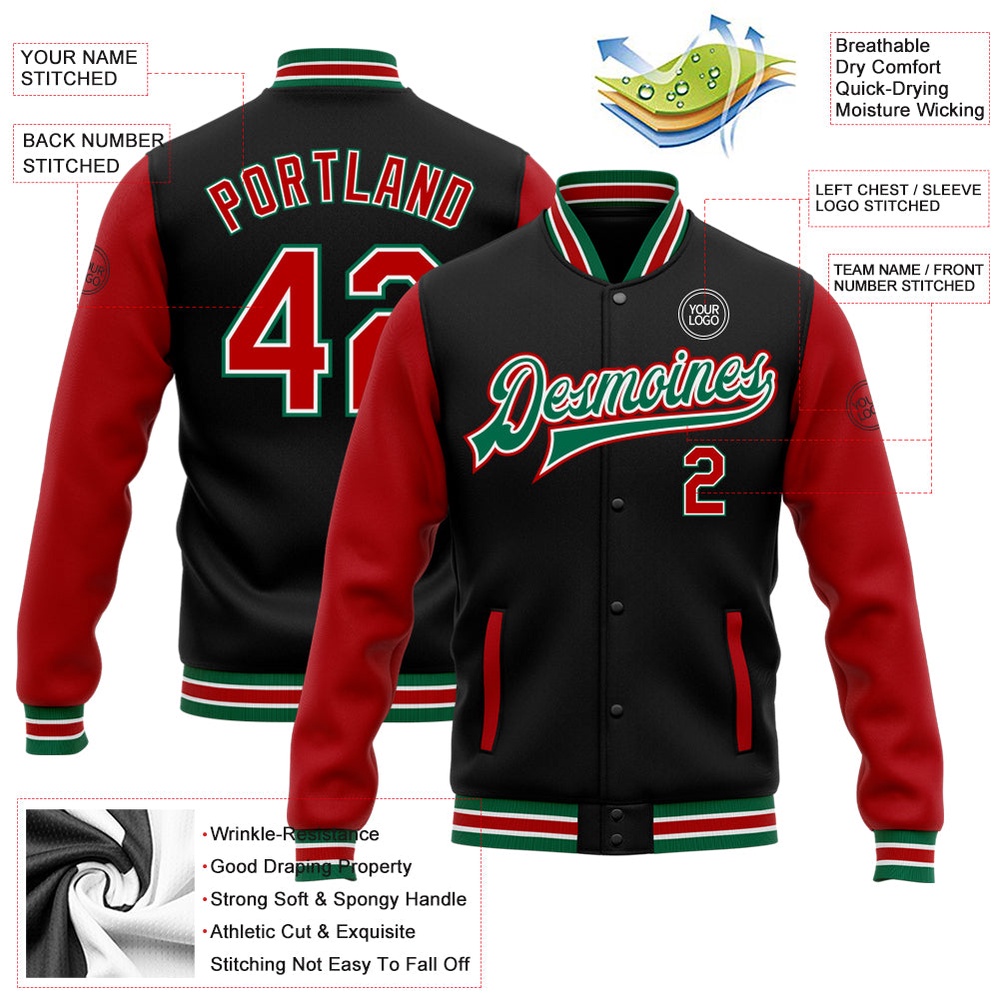 Custom Black Red Kelly Green Bomber Full Snap Varsity Baseball Jacket, Custom Team Jacket