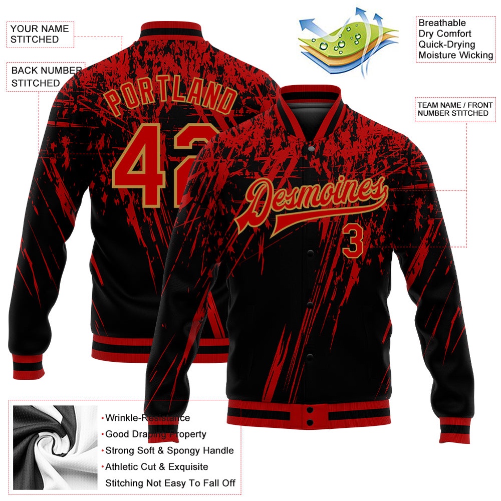 Custom Black Red Old Gold 3D Pattern Design Bomber Full Snap Baseball Jacket, Custom Team Jacket