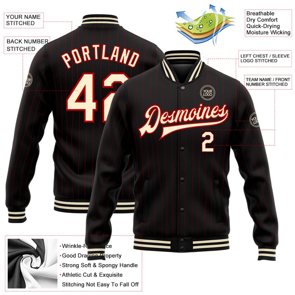 Custom Black Red Pinstripe Cream Bomber Full Snap Baseball Jacket, Custom Team Jacket