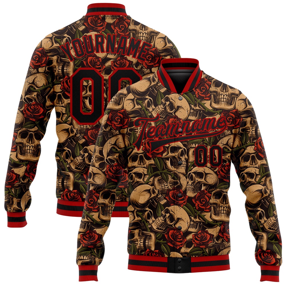 Custom Black Red Rose Skull Fashion 3D Bomber Full Snap Baseball Jacket, Custom Team Jacket