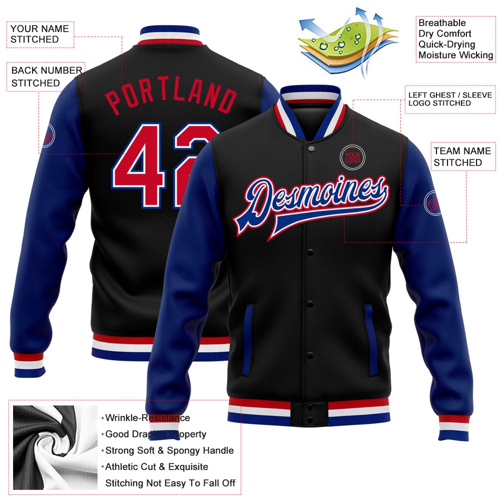 Custom Black Red Royal Bomber Full Snap Varsity Baseball Jacket, Custom Team Jacket