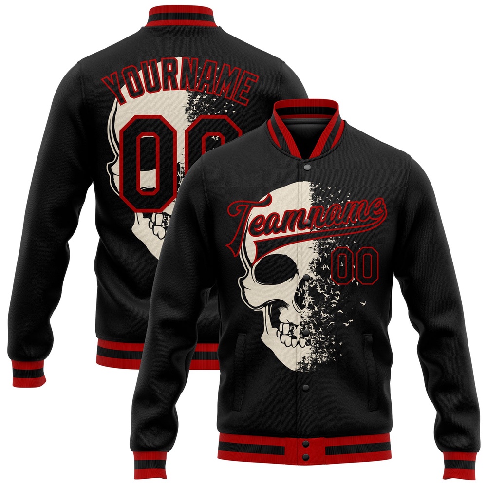 Custom Black Red Skull Fashion 3D Bomber Full Snap Baseball Jacket, Custom Team Jacket
