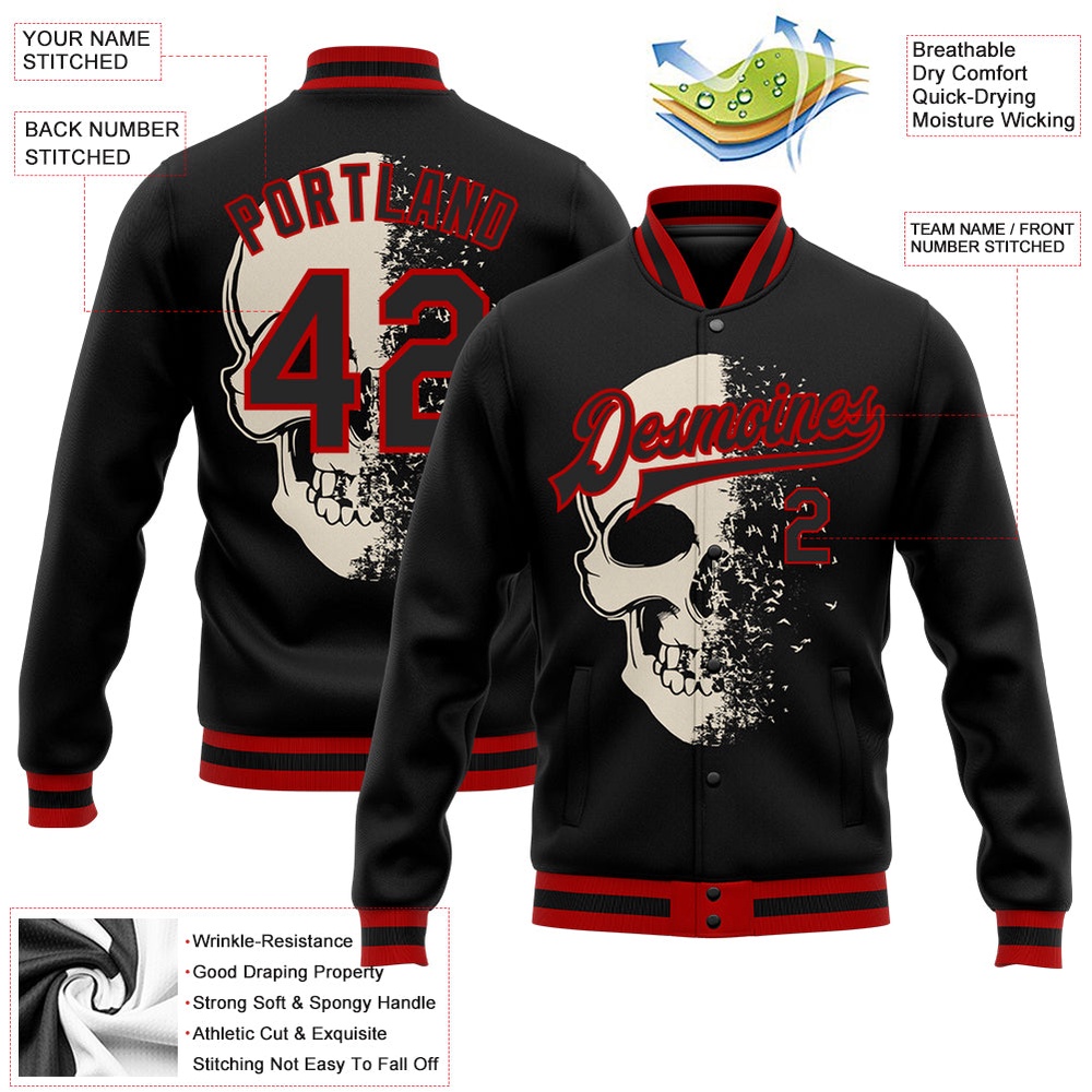 Custom Black Red Skull Fashion 3D Bomber Full Snap Baseball Jacket, Custom Team Jacket