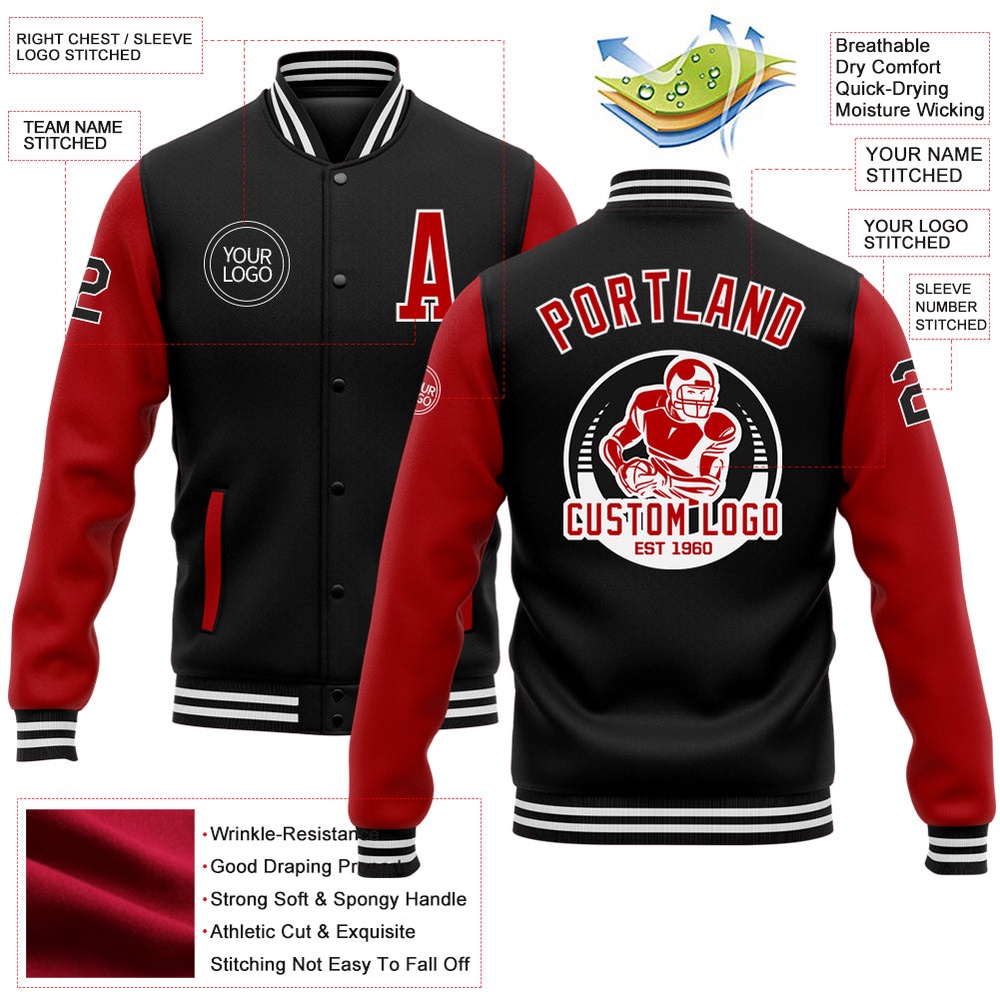 Custom Black Red White Bomber Full Snap Varsity Baseball Jacket, Custom Team Jacket