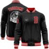 Custom Black Red White Bomber Full Snap Varsity Baseball Jacket, Custom Team Jacket