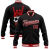 Custom Black Red White Skull With American Flag 3D Bomber Full Snap Baseball Jacket, Custom Team Jacket