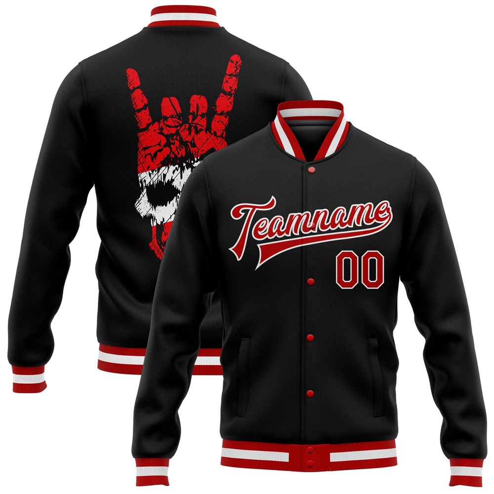 Custom Black Red White Skull Fashion 3D Bomber Full Snap Baseball Jacket, Custom Team Jacket