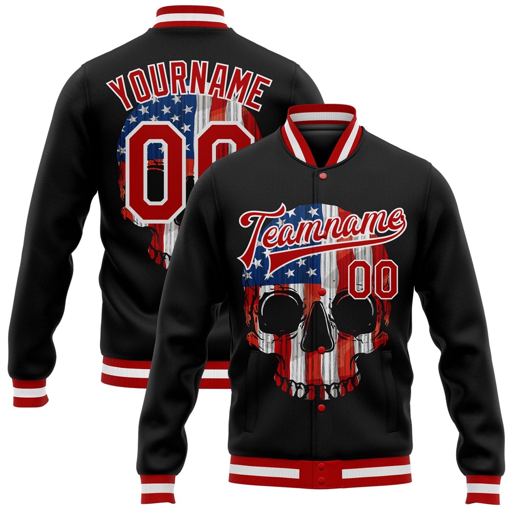 Custom Black Red White Skull With American Flag 3D Bomber Full Snap Baseball Jacket, Custom Team Jacket