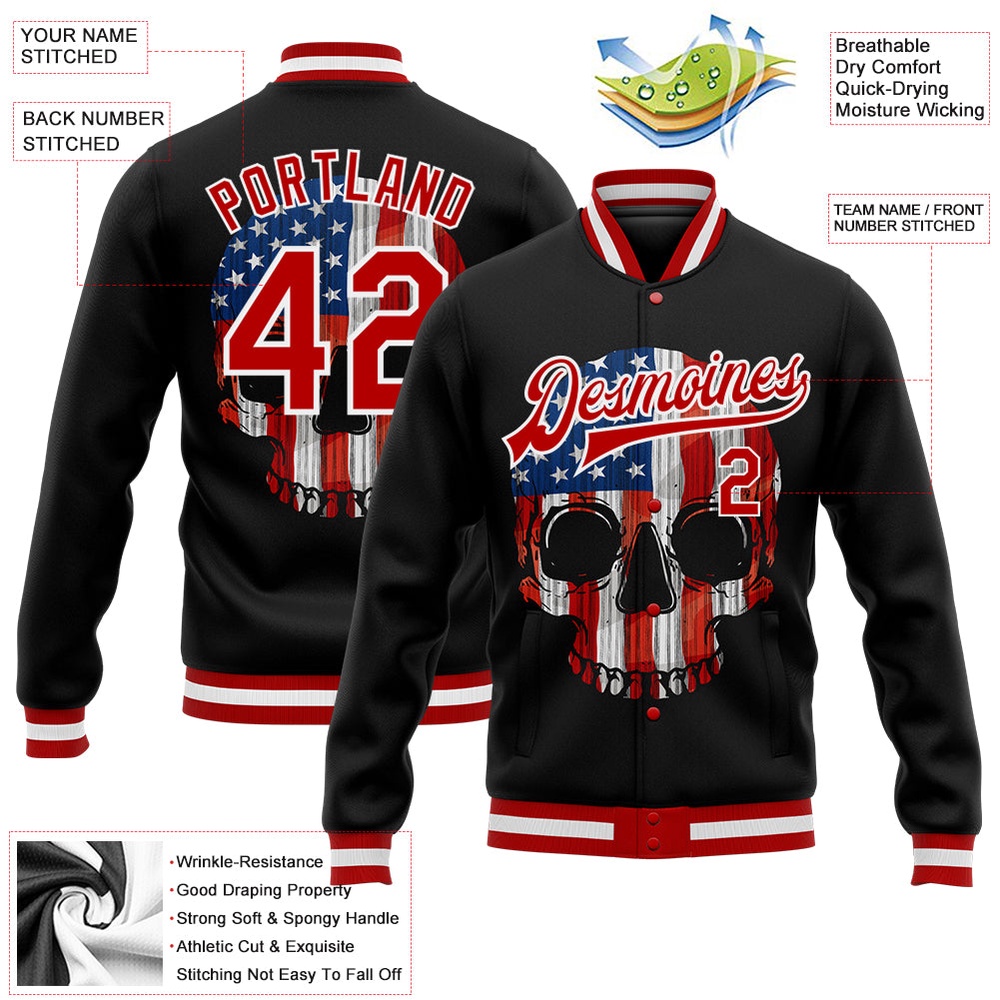 Custom Black Red White Skull With American Flag 3D Bomber Full Snap Baseball Jacket, Custom Team Jacket