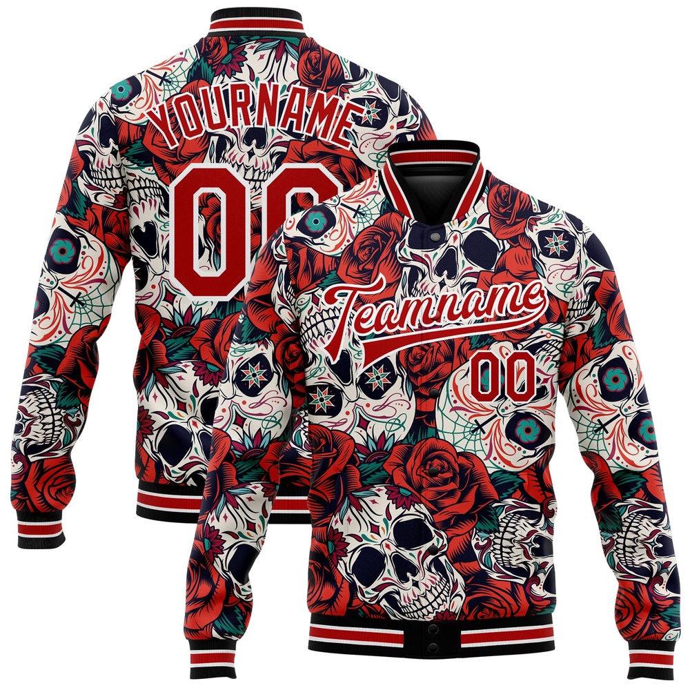 Custom Black Red White Skull With Flower 3D Bomber Full Snap Baseball Jacket, Custom Team Jacket