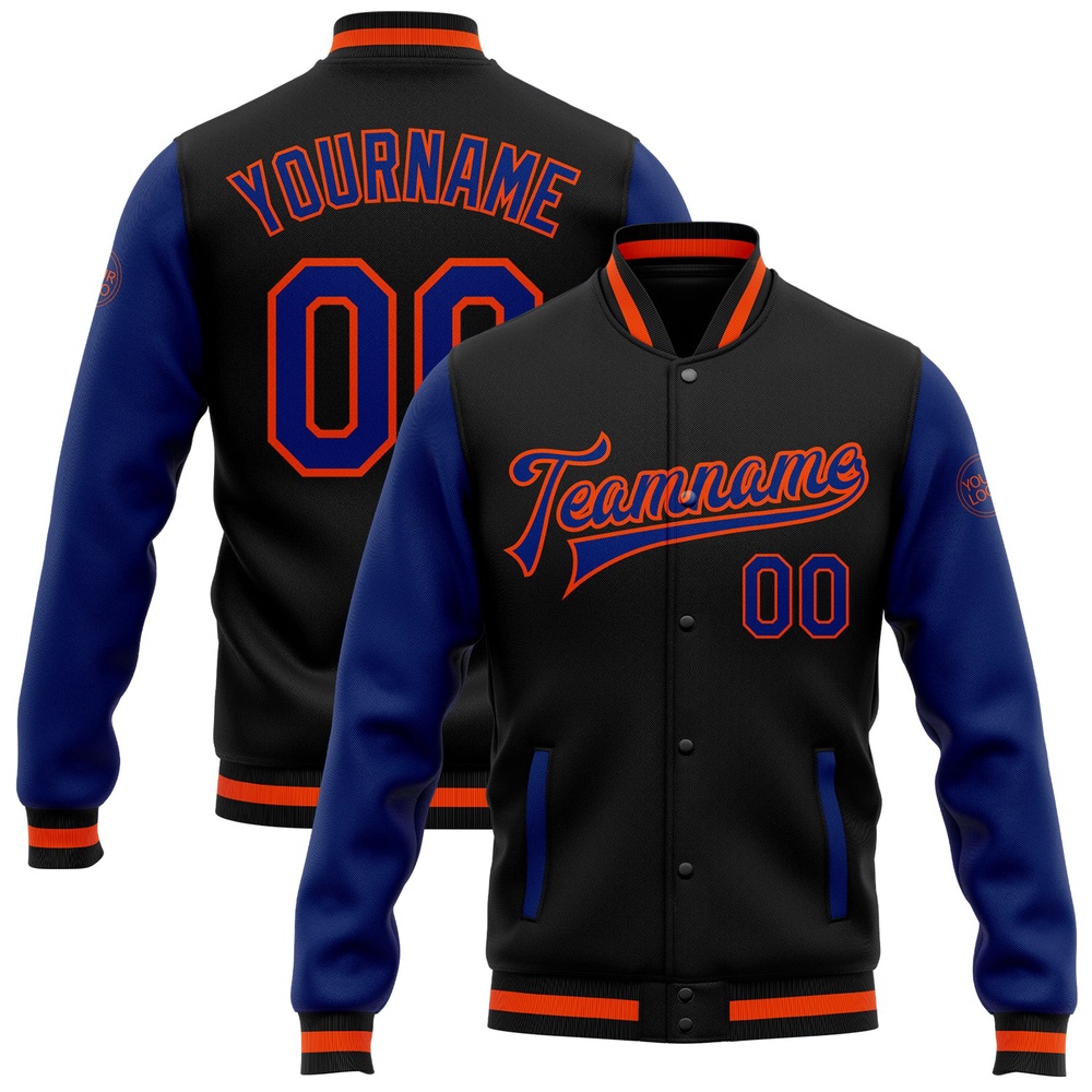Custom Black Royal Orange Bomber Full Snap Varsity Baseball Jacket, Custom Team Jacket
