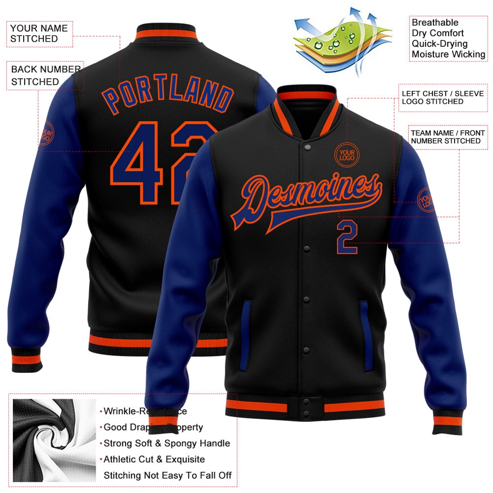 Custom Black Royal Orange Bomber Full Snap Varsity Baseball Jacket, Custom Team Jacket