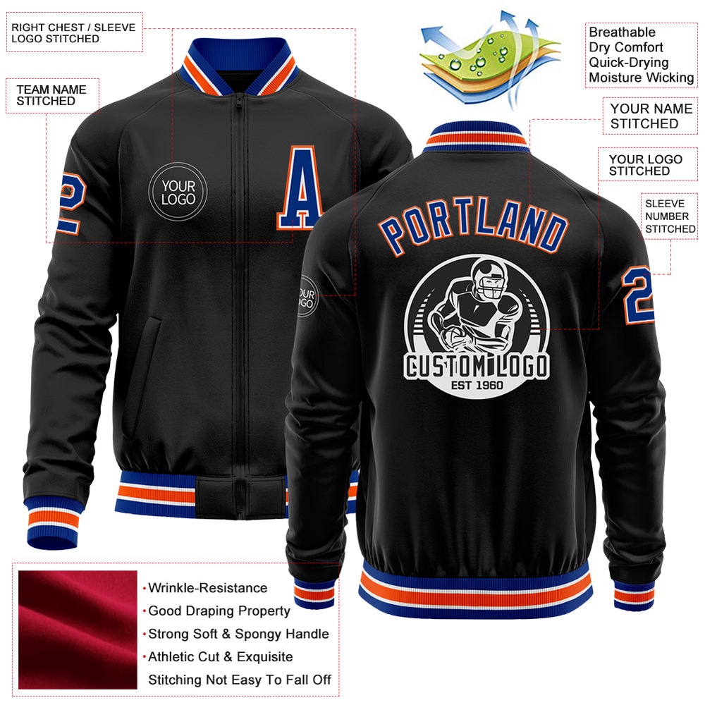 Custom Black Royal Orange Bomber Varsity Baseball Jacket, Custom Team Jacket