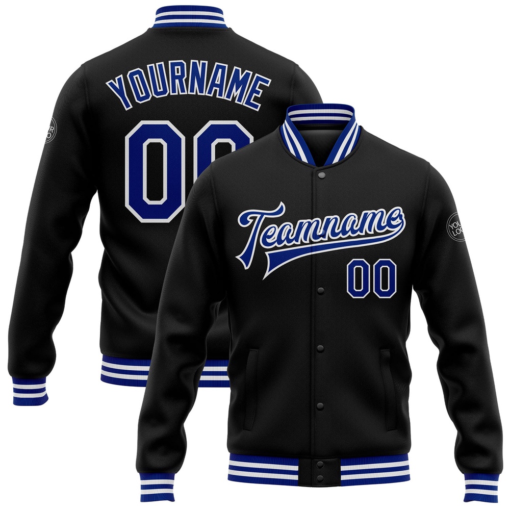 Custom Black Royal White Bomber Full Snap Baseball Jacket, Custom Team Jacket