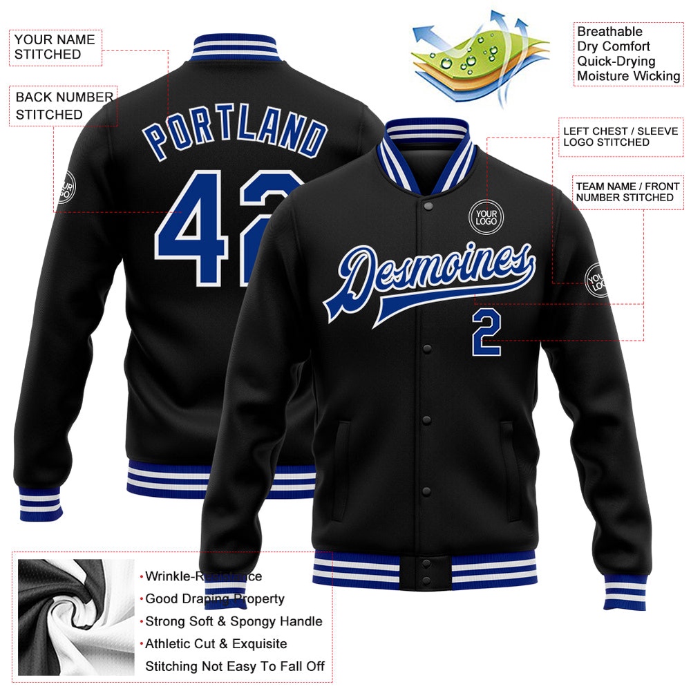 Custom Black Royal White Bomber Full Snap Baseball Jacket, Custom Team Jacket