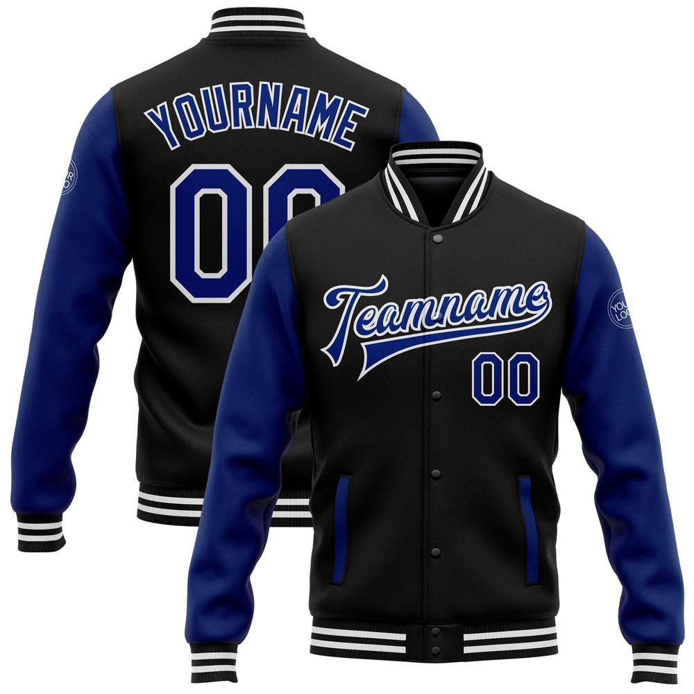 Custom Black Royal White Bomber Full Snap Varsity Baseball Jacket, Custom Team Jacket
