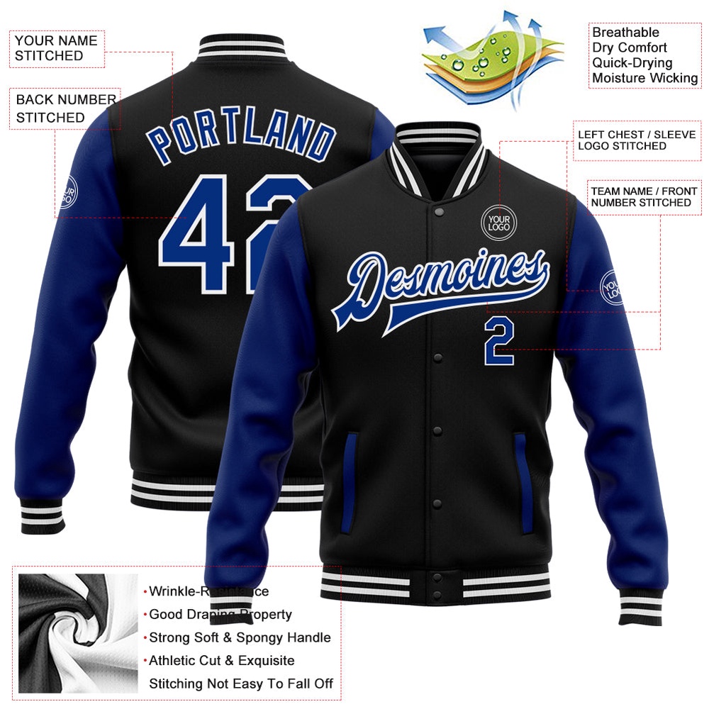 Custom Black Royal White Bomber Full Snap Varsity Baseball Jacket, Custom Team Jacket