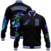 Custom Black Royal White Heron And Wave 3D Pattern Design Bomber Full Snap Baseball Jacket, Custom Team Jacket