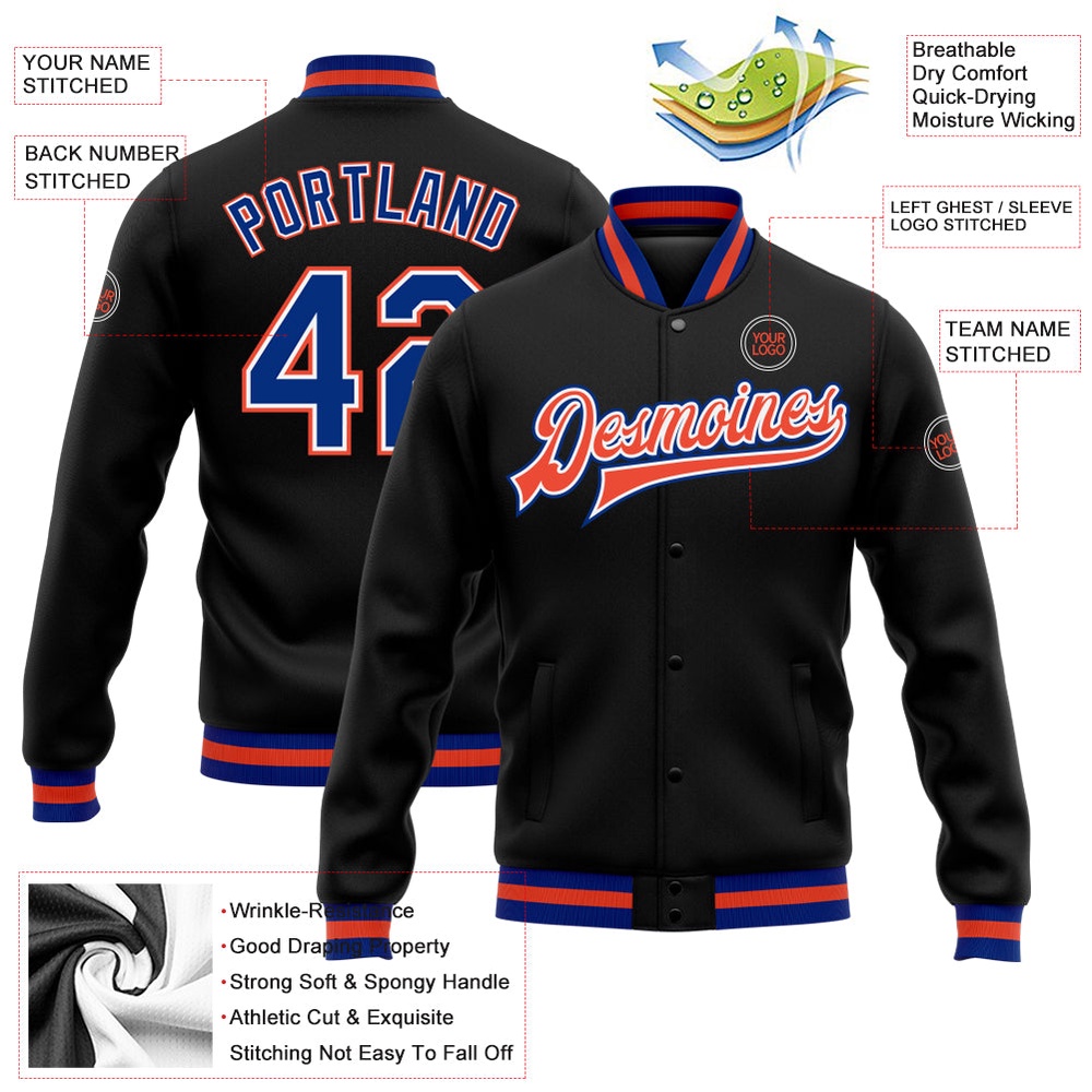 Custom Black Royal White Orange Bomber Full Snap Baseball Jacket, Custom Team Jacket