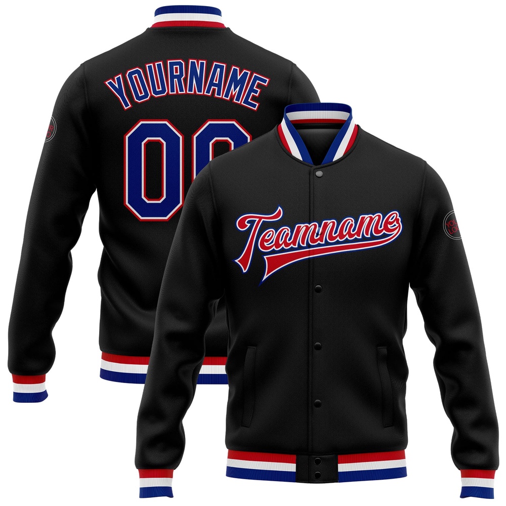 Custom Black Royal White Red Bomber Full Snap Baseball Jacket, Custom Team Jacket