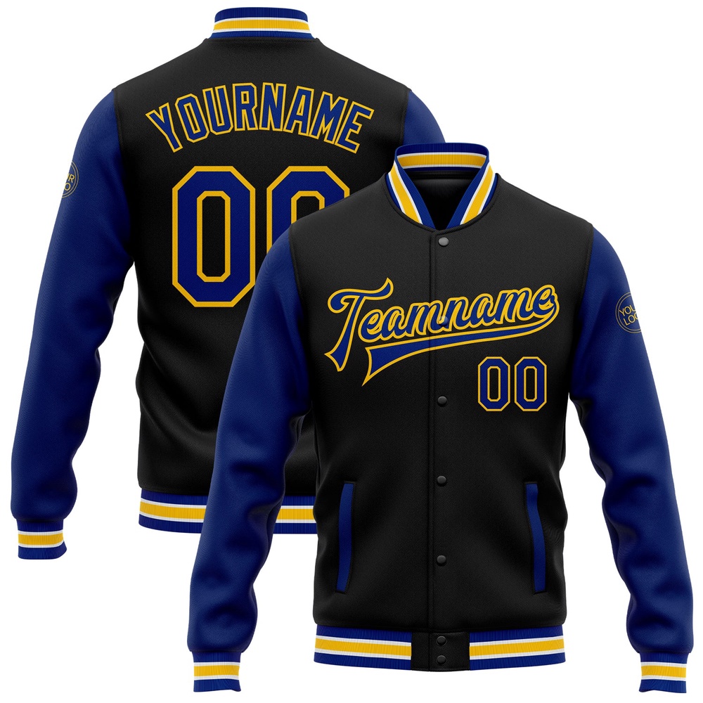 Custom Black Royal Yellow Bomber Full Snap Varsity Baseball Jacket, Custom Team Jacket
