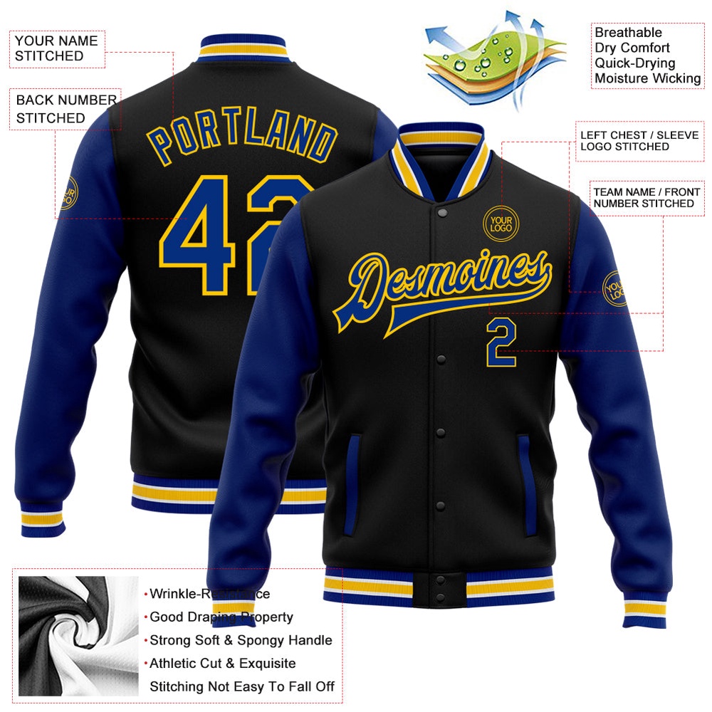 Custom Black Royal Yellow Bomber Full Snap Varsity Baseball Jacket, Custom Team Jacket