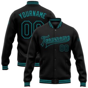 Custom Black Teal Bomber Full Snap Baseball&hellip;