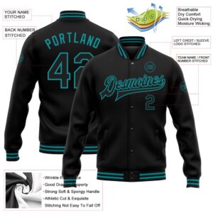 Custom Black Teal Bomber Full Snap Baseball&hellip;