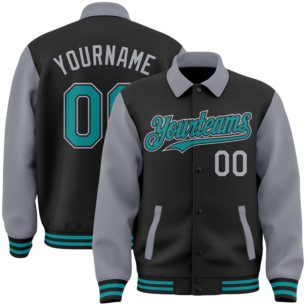 Custom Black Teal Gray Bomber Full Snap Varsity Letterman Two Tone Lapel Collar Byron Jacket, Custom Team Jacket