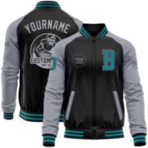Custom Black Teal Gray Bomber Varsity Baseball&hellip;