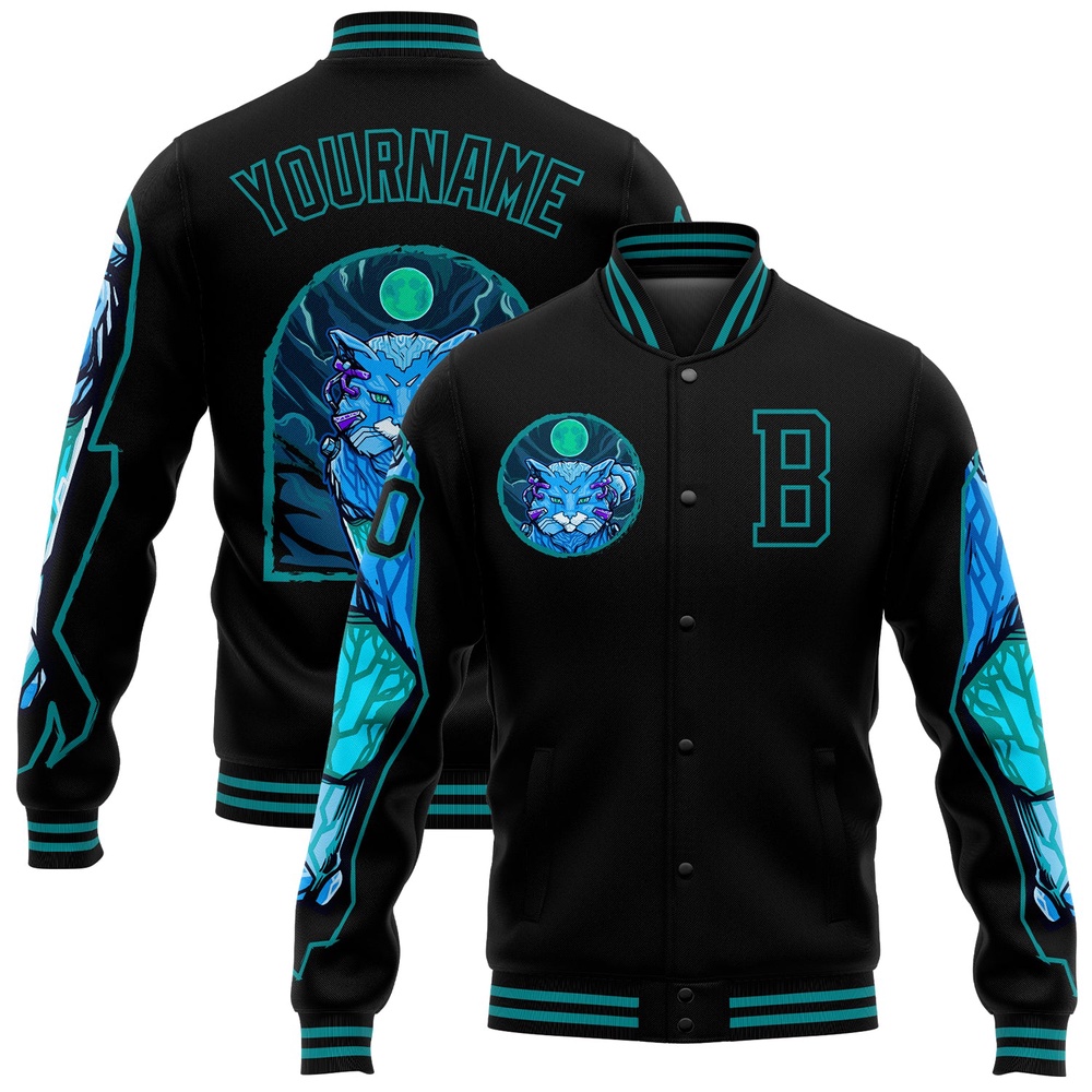 Custom Black Teal Leopard 3D Pattern Design Bomber Full Snap Baseball Jacket, Custom Team Jacket
